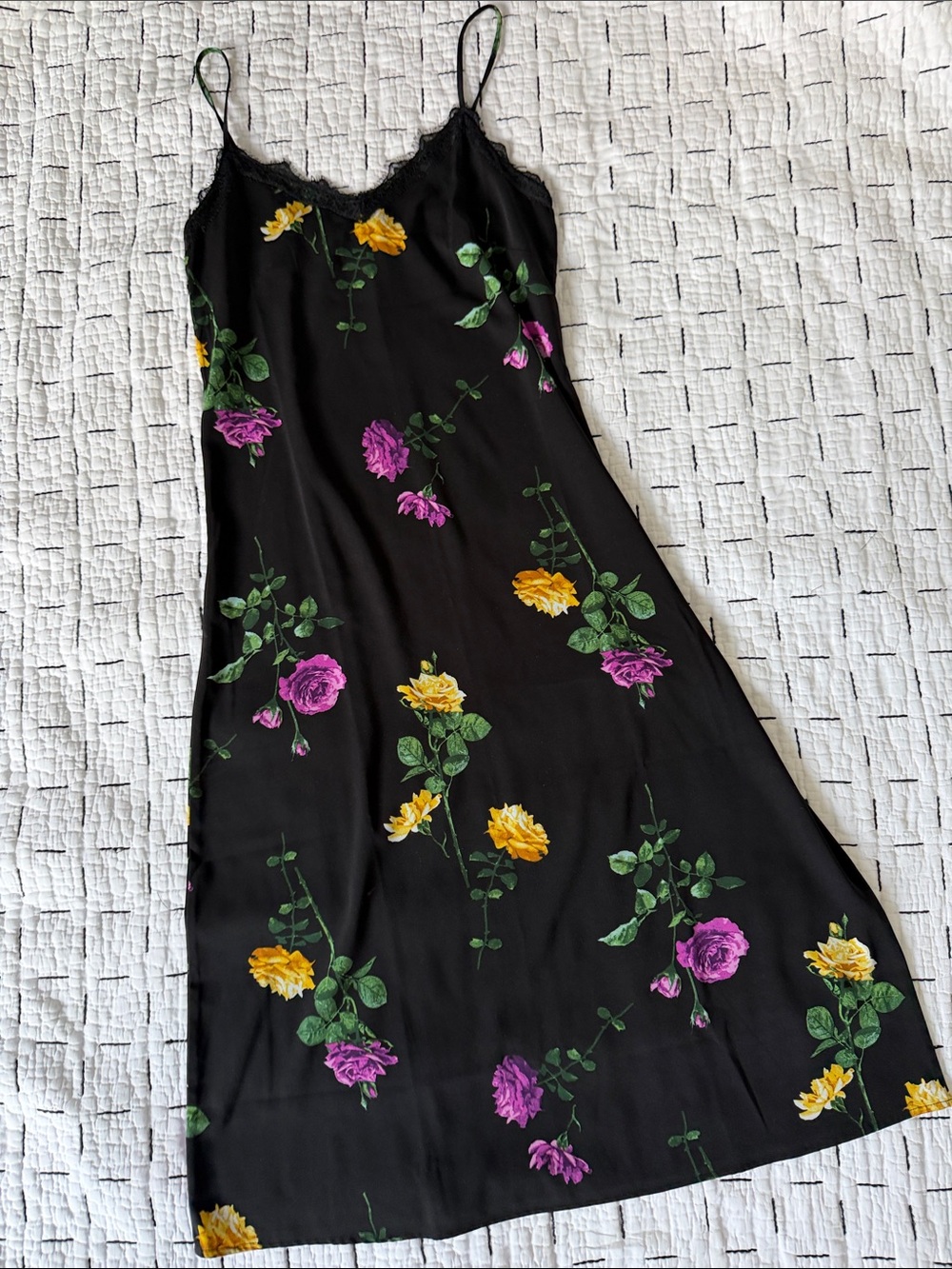Black Floral Slip Dress with Yellow & Purple Roses